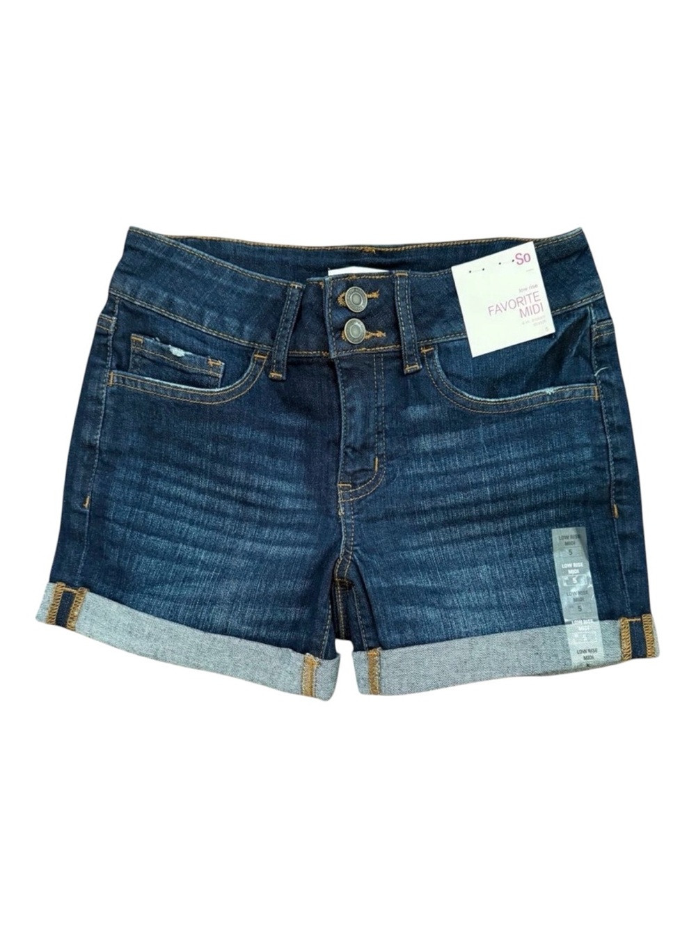 SO Favorite Midi Denim Shorts Womens 5 Dark Wash Low Rise Cuffed Jeans New Tags⁠